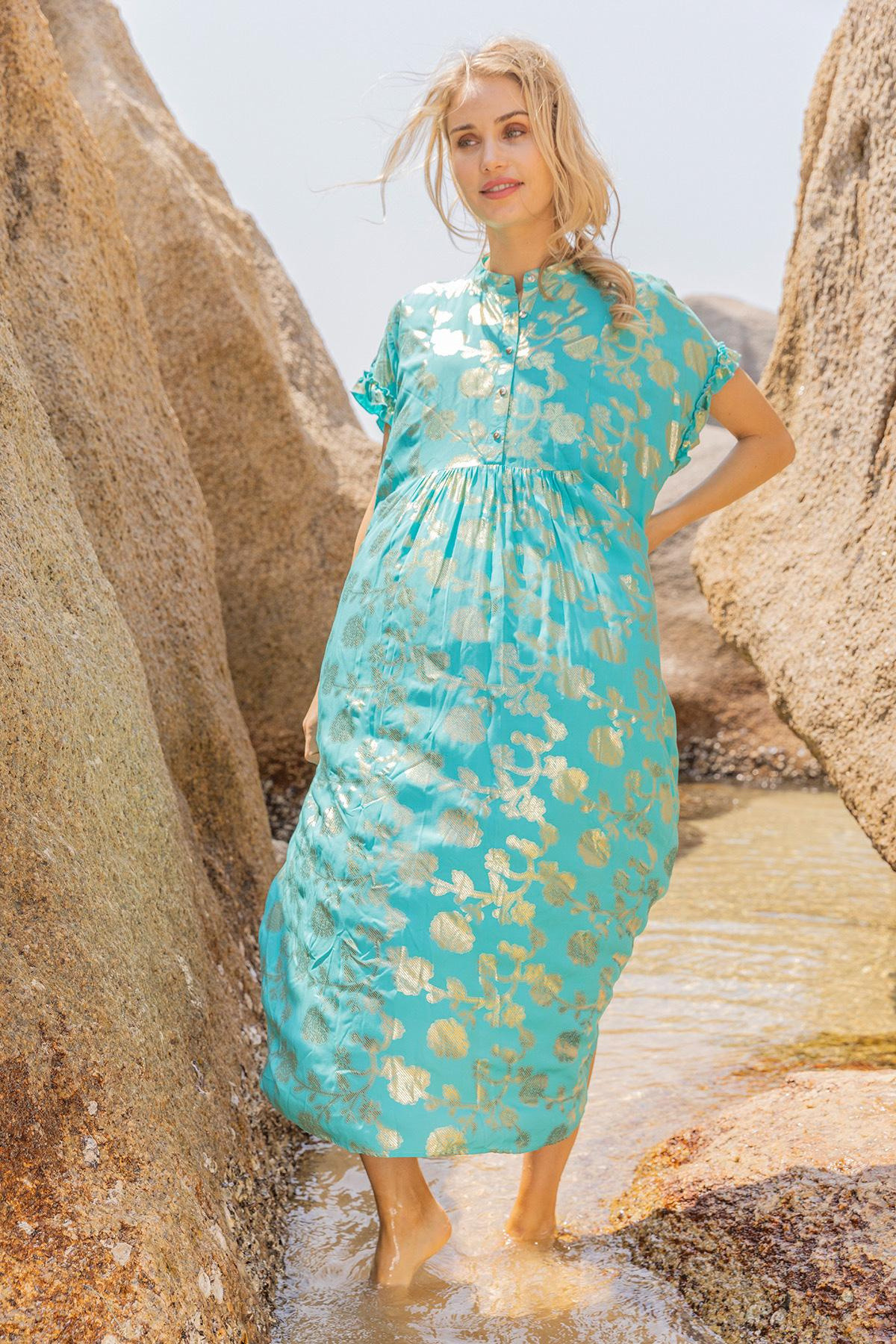 Wholesaler LAST QUEEN OUTLET - Long shirt dress, flared cut, buttoned front, printed pattern with gold effect