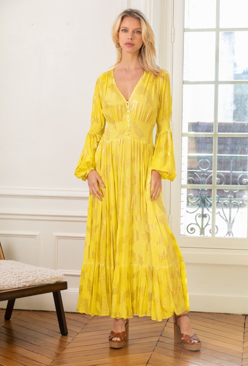 Wholesaler Last Queen - Varnish-coloured loose dress with gold-effect print, invisible pockets