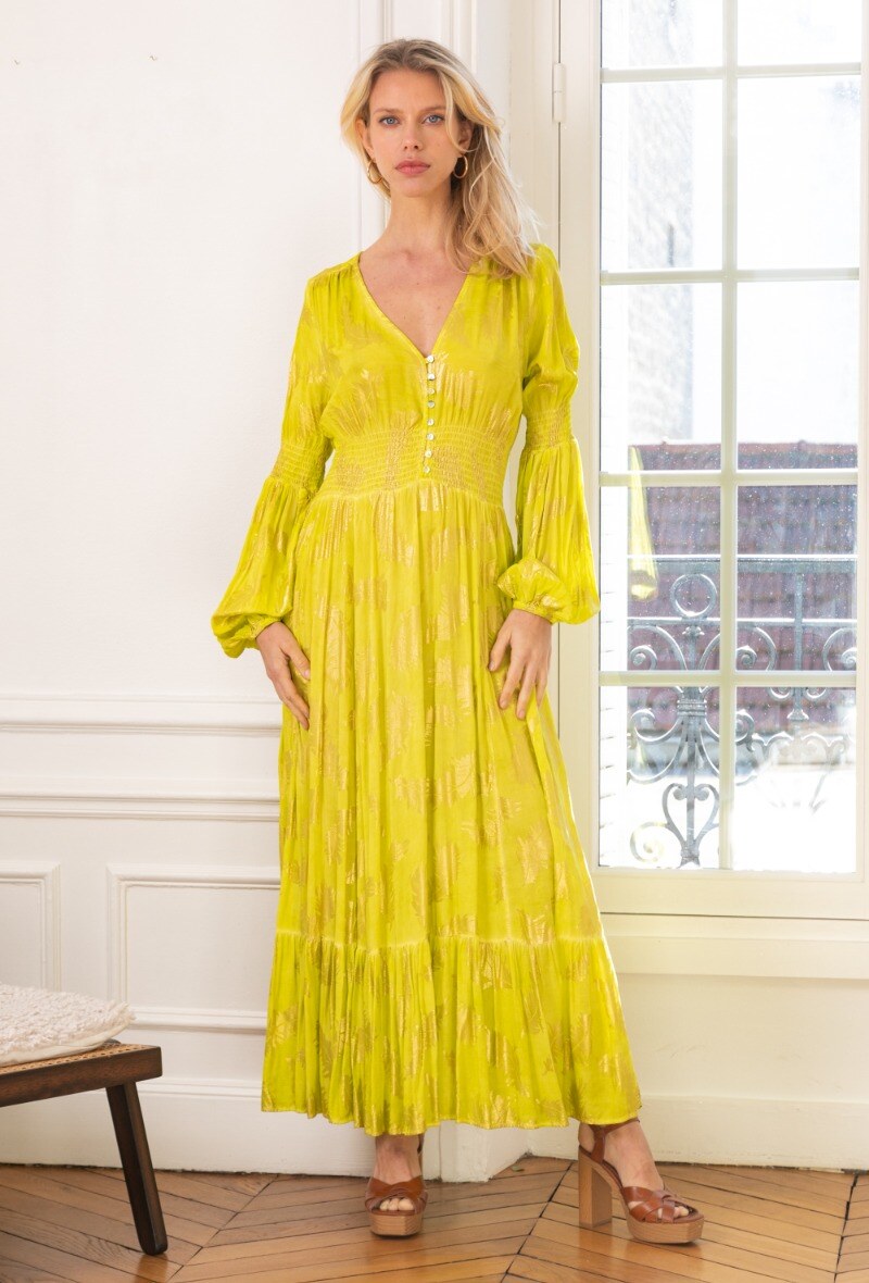 Wholesaler Last Queen - Varnish-coloured loose dress with gold-effect print, invisible pockets