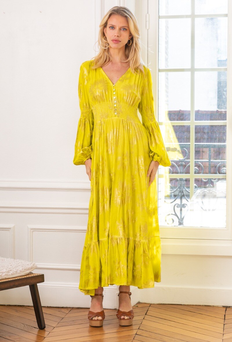 Wholesaler Last Queen - Varnish-coloured loose dress with gold-effect print, invisible pockets