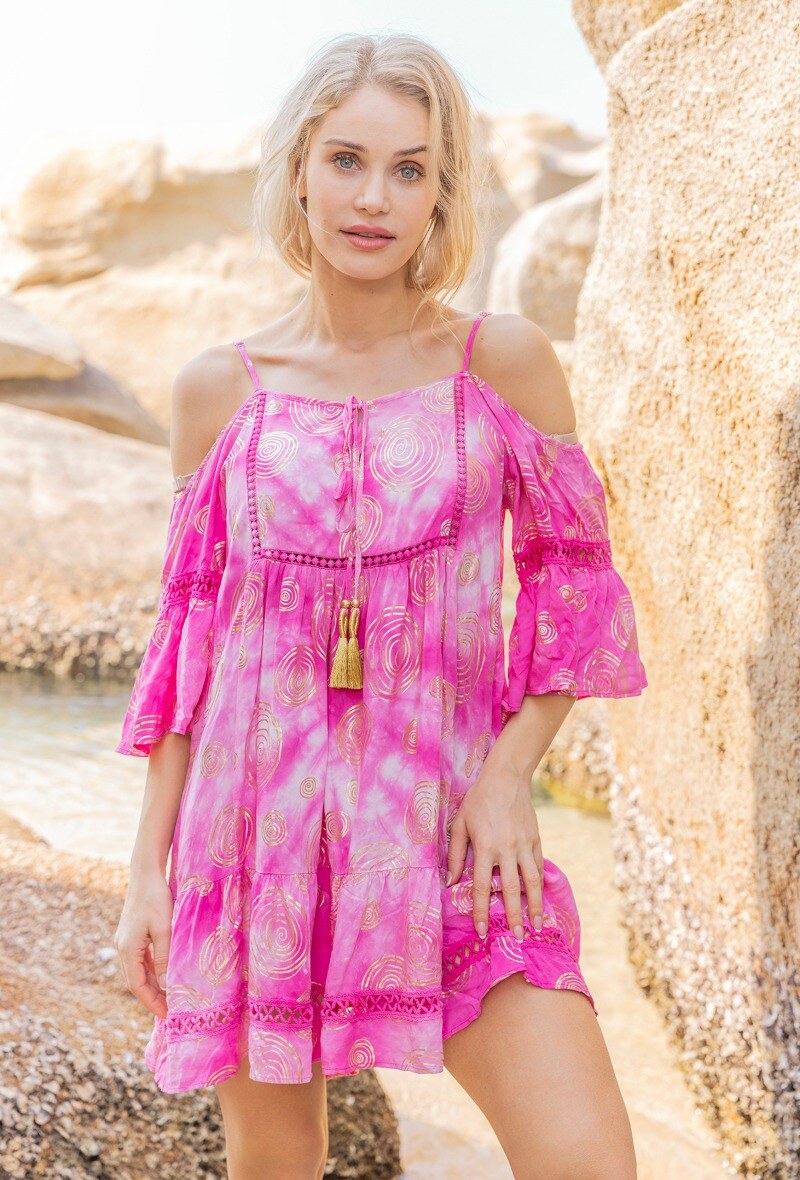Wholesaler Last Queen - Dress with mercerized floral print, bare shoulders