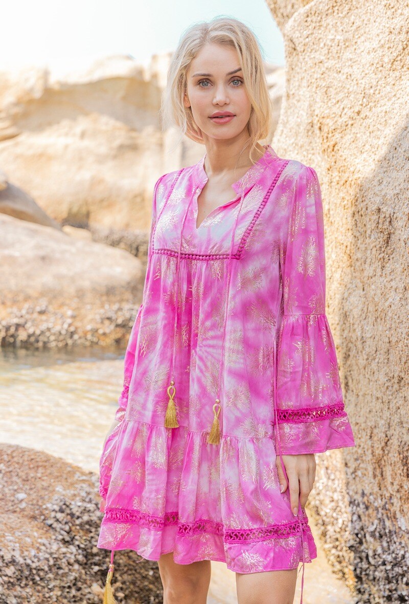 Wholesaler Last Queen - Mid-length dress printed with gold effect, flared sleeves