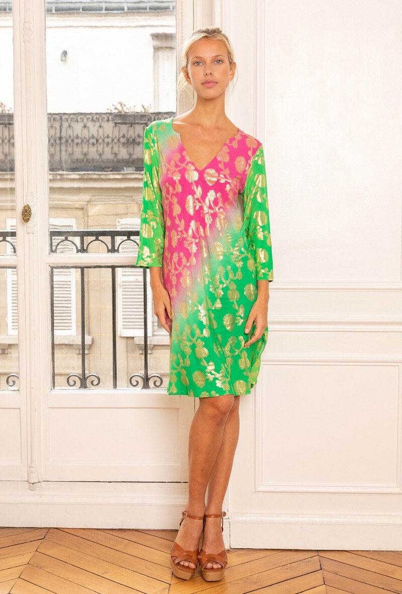 Wholesaler LAST QUEEN OUTLET - V-neck printed tunic shirt dress with gold effect
