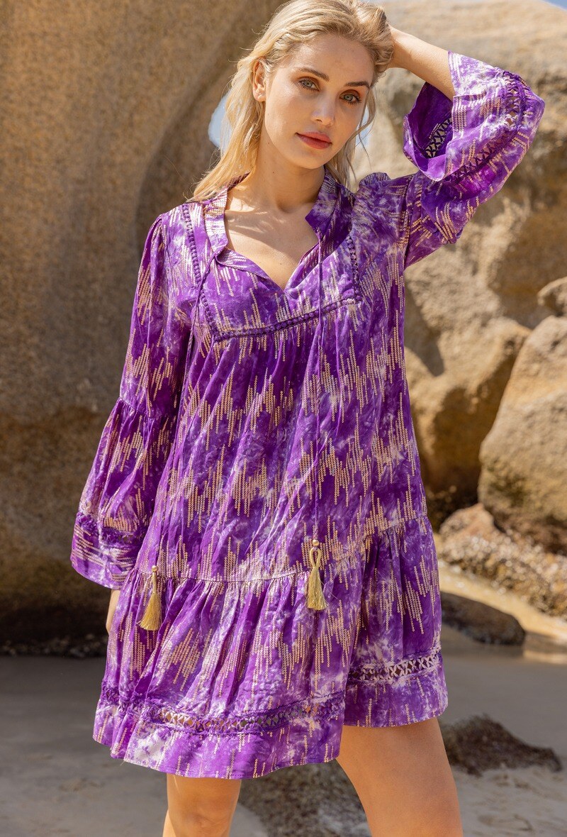 Mayorista LAST QUEEN OUTLET - Vestido midi estampado con efecto dorado, mangas acampanadas