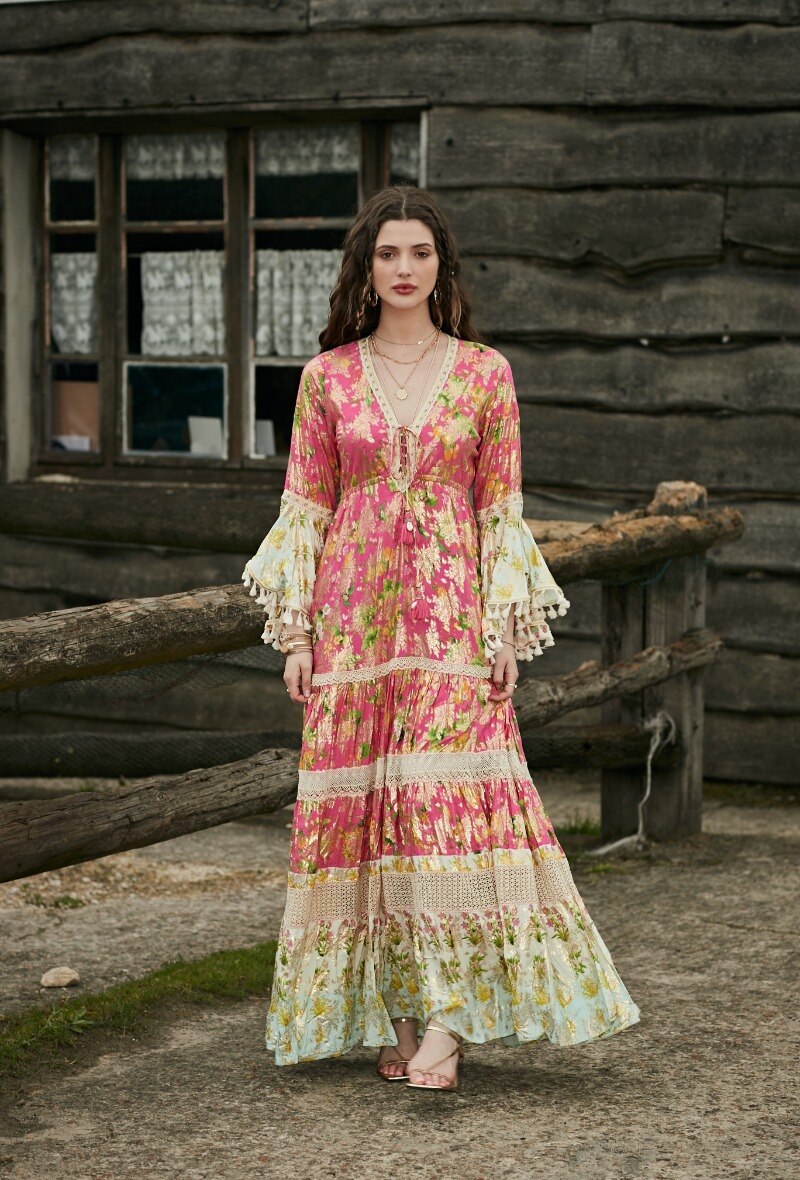 Wholesaler Last Queen - Mercerised printed dress, flared sleeves with pompoms