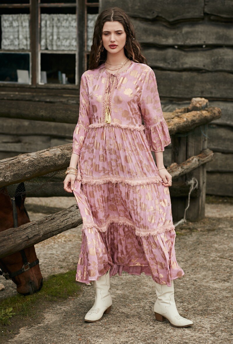 Mayorista Last Queen - Vestido largo de corte holgado, estampado con efecto dorado, cuello de tiras