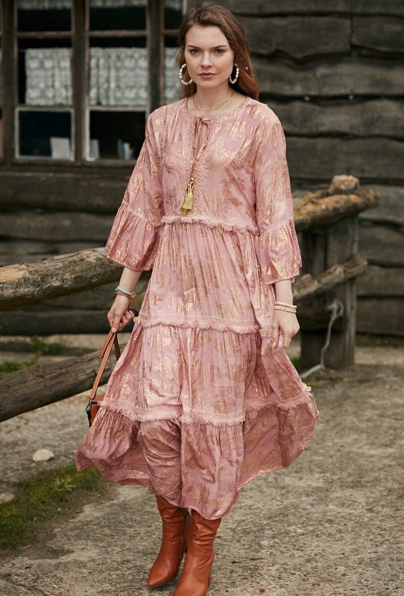 Mayorista Last Queen - Vestido largo de corte holgado, estampado con efecto dorado, cuello de tiras