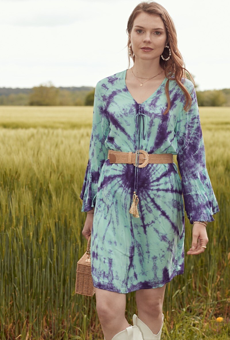 Mayorista LAST QUEEN OUTLET - Vestido de largo medio con efecto tie-dye, escote en V con tiras