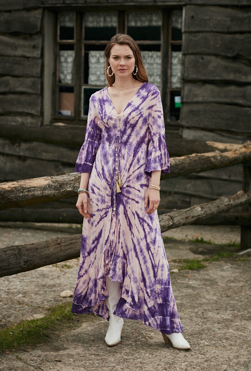 Grossista LAST QUEEN OUTLET - Abito lungo tie and dye, scollo a V abbottonato davanti, elastico in vita