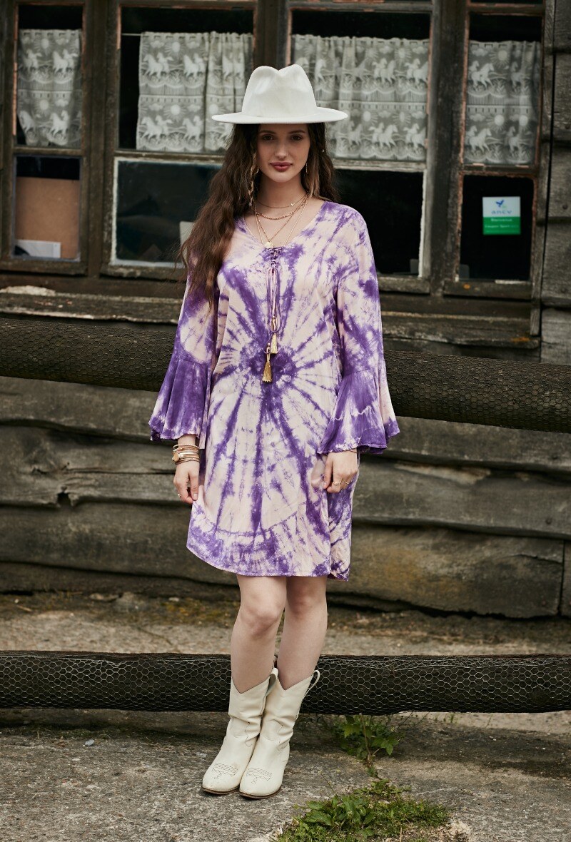 Wholesaler LAST QUEEN OUTLET - Mid-length tie-dye dress, strappy V-neck, flared sleeves