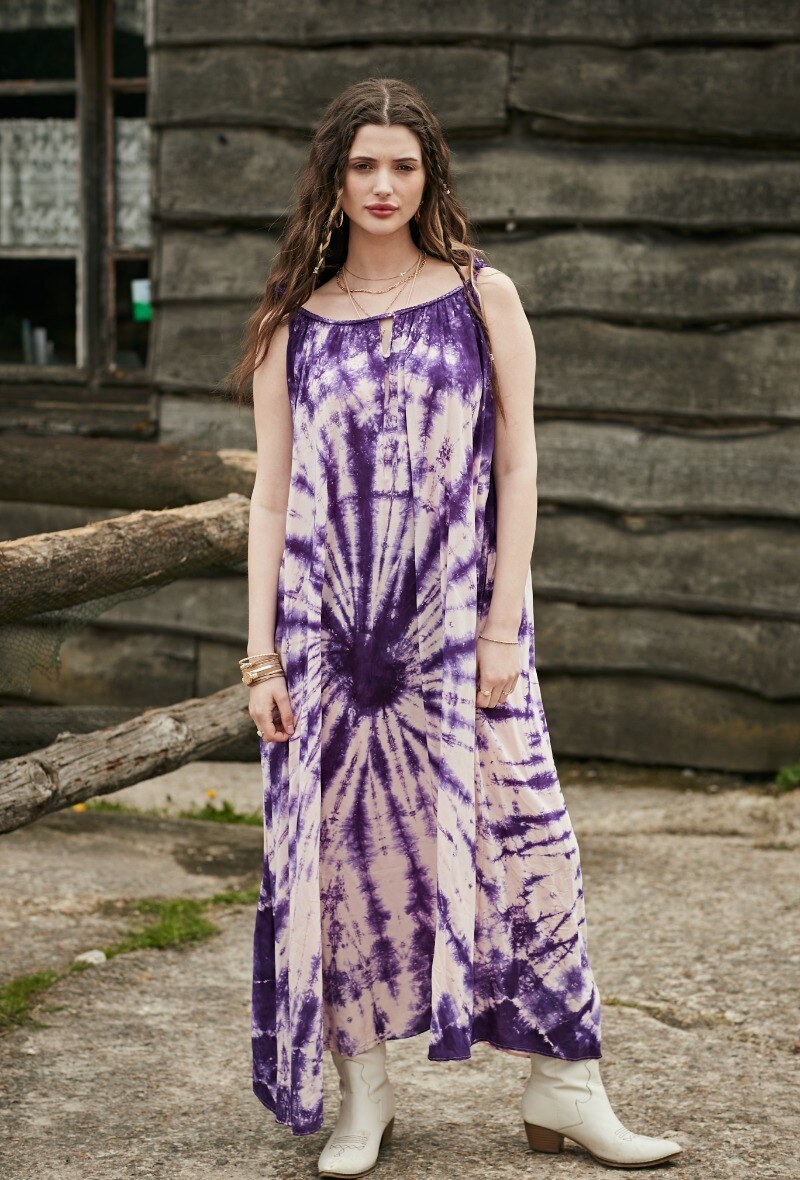 Grossista LAST QUEEN OUTLET - Abito fluido tie and dye svasato con spalline, tasche invisibili