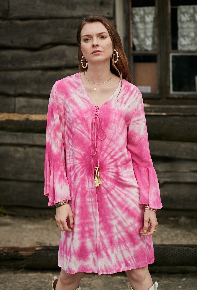 Grossista LAST QUEEN OUTLET - Abito midi tie and dye, scollo a V con laccetti, maniche svasate