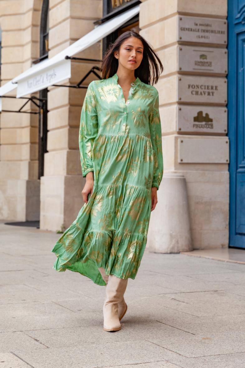 Wholesaler Last Queen - Loose fit long dress with gathers, printed with gold effect