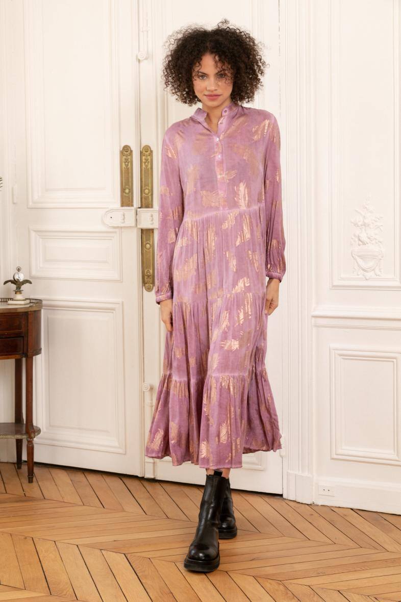 Wholesaler Last Queen - Loose fit long dress with gathers, printed with gold effect