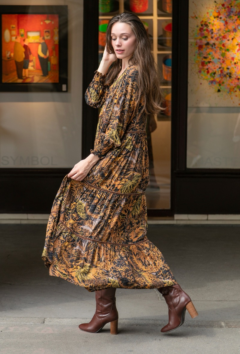 Vestido largo estampado bohemio largo con encaje y LUREX abotonado en la parte delantera - Moho 4 - miniatura