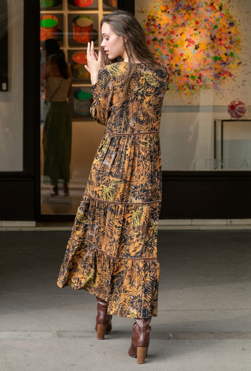 Vestido largo estampado bohemio largo con encaje y LUREX abotonado en la parte delantera - Moho 5 - miniatura