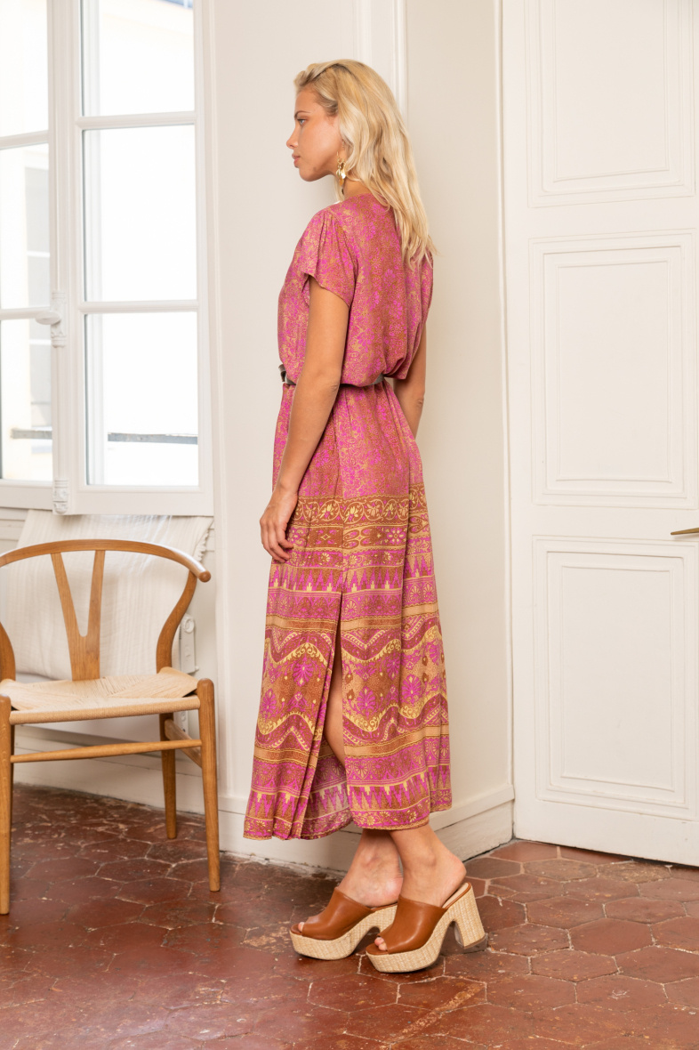 Vestido largo estampado bohemio con bordados y bolsillos invisibles - Rosado - 3 - formato grande