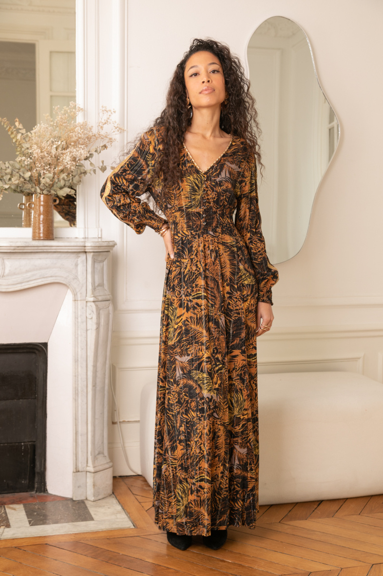 Großhändler LAST QUEEN OUTLET - Maxikleid mit V-Ausschnitt, verziert mit Paisley-bedruckten Knöpfen mit Lurex und unsichtbaren Taschen