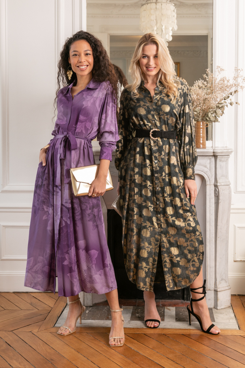 Mayorista Last Queen - Vestido camisero largo estampado lavado con efecto dorado