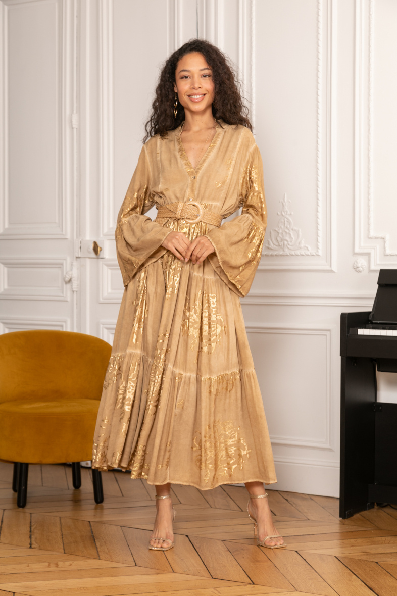 Großhändler Last Queen - Tie-and-Dye-Kleid mit Golddruck und V-Ausschnitt