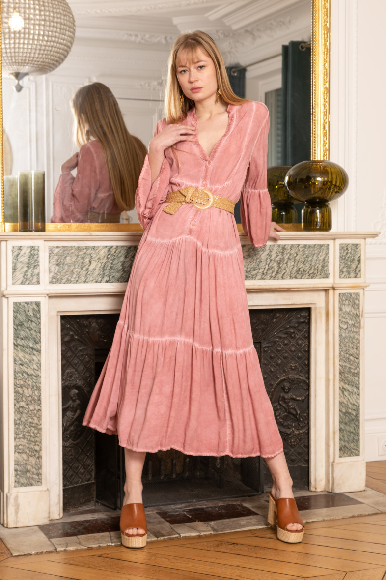 Großhändler Last Queen - Tie-and-Dye-Kleid im verblassten Stil, V-Ausschnitt, ausgestellter Schnitt