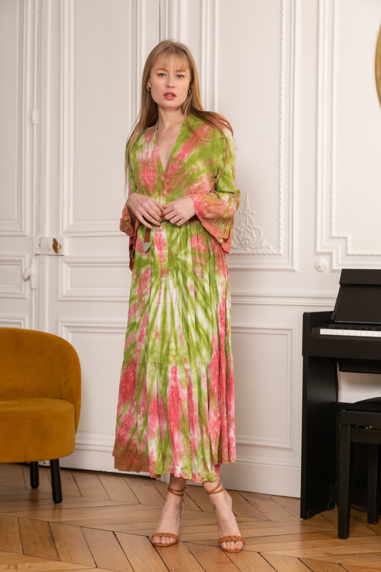 Großhändler Last Queen - Tie-and-Dye-Kleid mit Golddruck und V-Ausschnitt