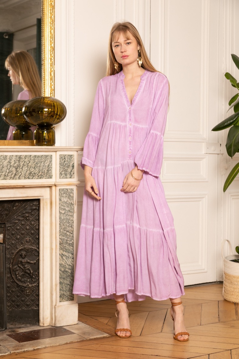 Großhändler Last Queen - Tie-and-Dye-Kleid im verblassten Stil, V-Ausschnitt, ausgestellter Schnitt