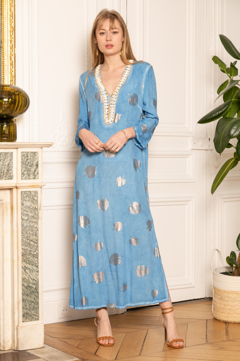 Großhändler Last Queen - Langes Kleid, von Hand mit Muscheln bestickt und mit Vergoldungseffekt bedruckt
