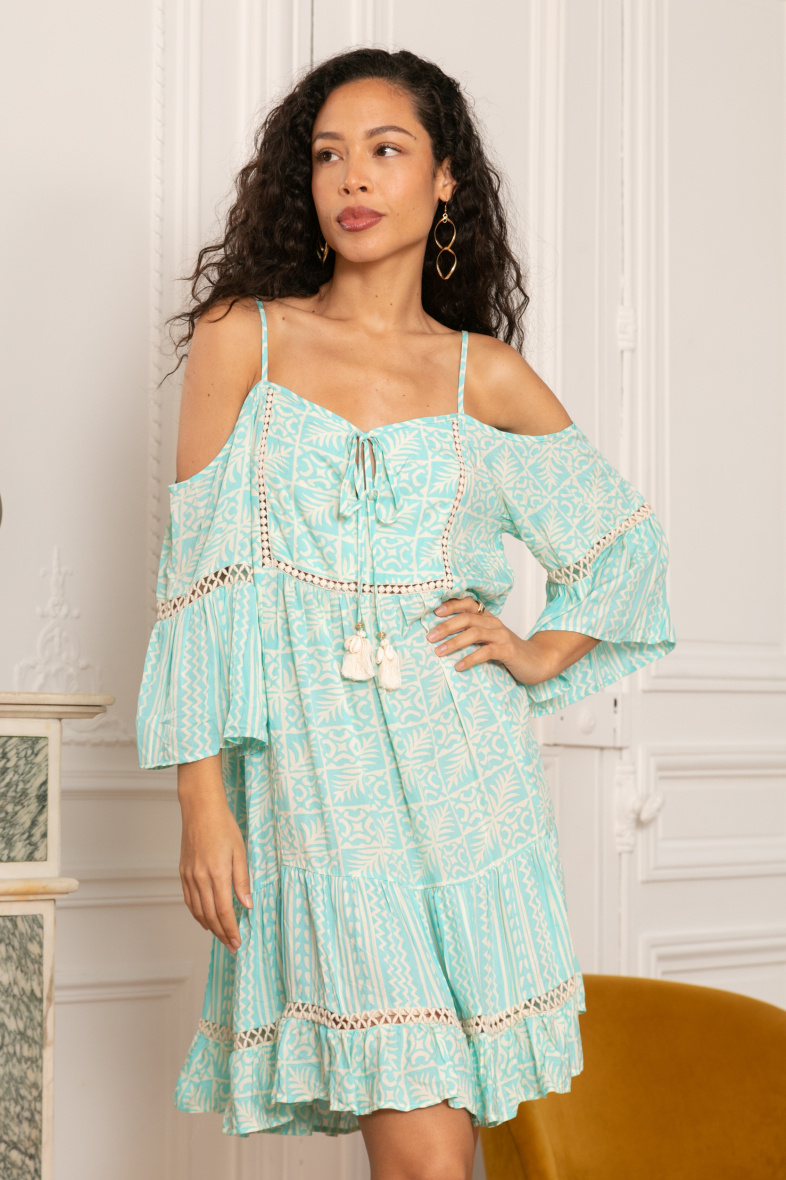 Wholesaler Last Queen - Printed mid-length dress with bare shoulders, openwork lace detail