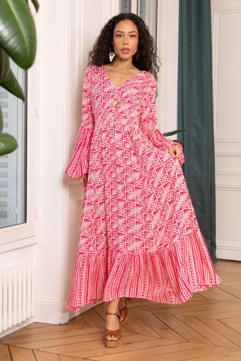 Wholesaler Last Queen - Long printed dress buttoned in front with balloon sleeves, invisible pockets