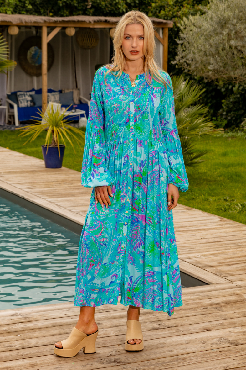 Grossiste Last Queen - Robe longue  imprimée à torse élastique , boutonnée devant avec manches lanterne