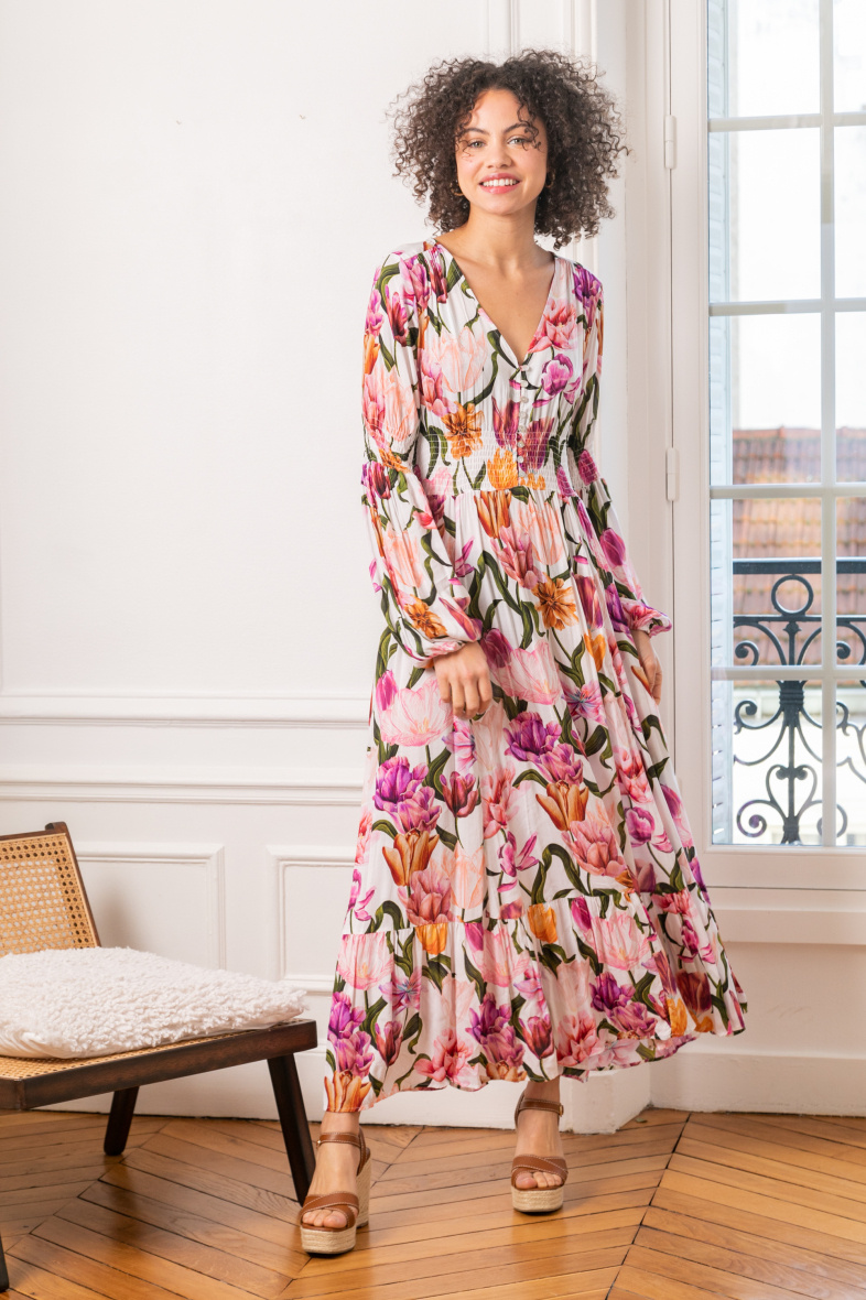 Grossiste Last Queen - Robe longue à imprimé  boutonnée devant ,col V avec manches lanterne
