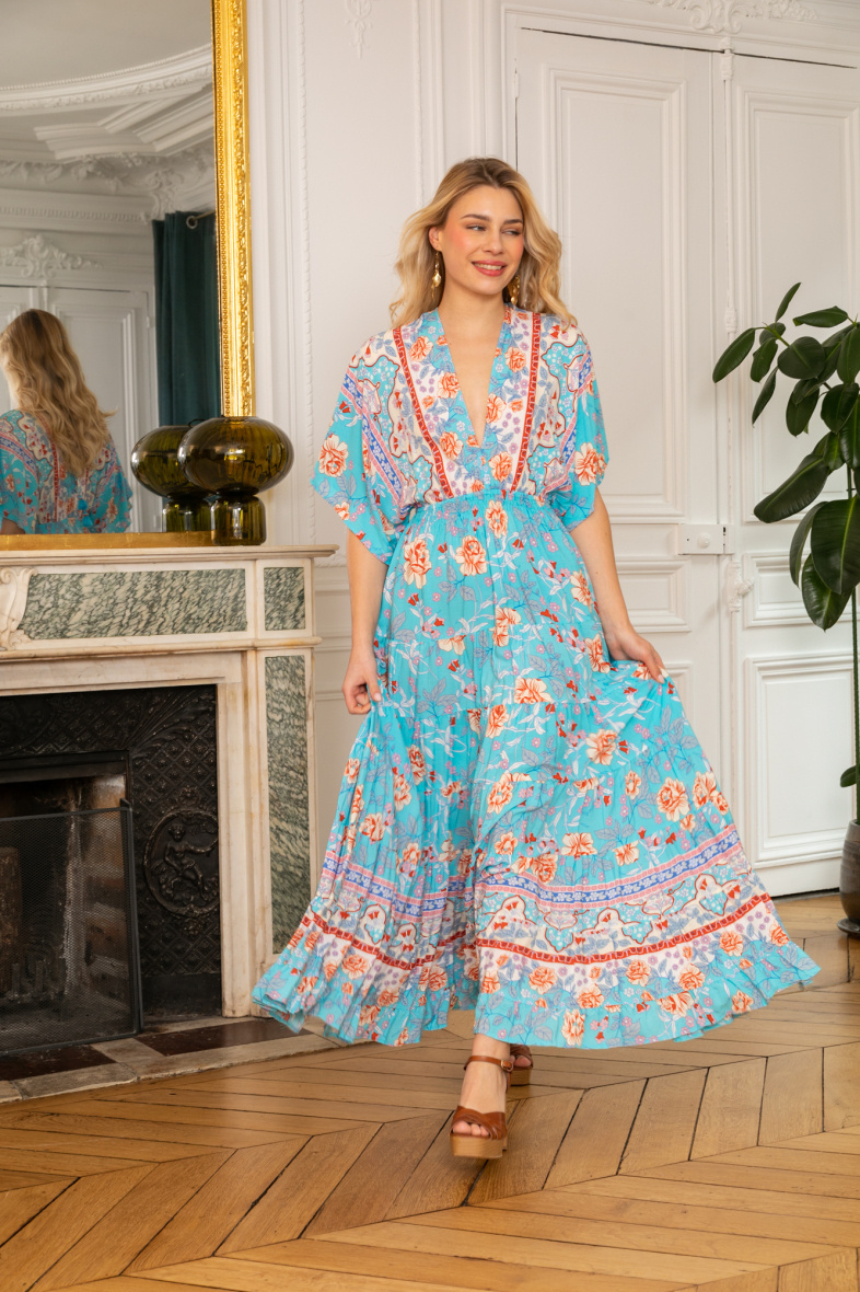 Großhändler Last Queen - Langes Kleid mit Blumendruck und V-Ausschnitt und kurzen Ärmeln