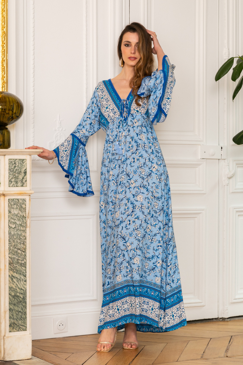 Großhändler Last Queen - Langes Bohemian-Kleid mit ausgestellten Ärmeln und V-Ausschnitt