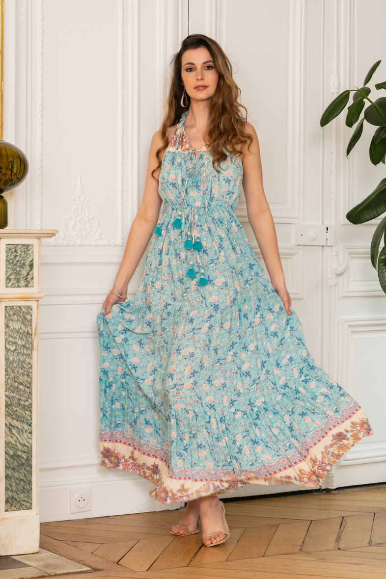 Mayorista Last Queen - Vestido largo sin mangas con cintura ceñida y estampado bohemio