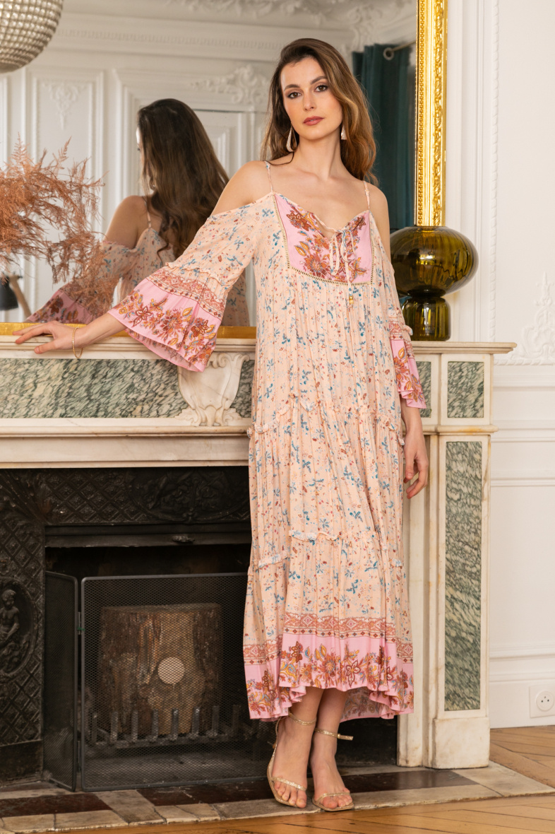 Mayorista Last Queen - Vestido largo de tirantes finos con estampado de flores y hombros descubiertos