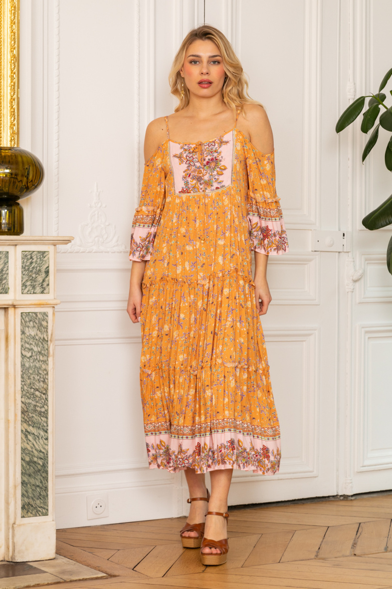 Mayorista Last Queen - Vestido largo de tirantes finos con estampado de flores y hombros descubiertos