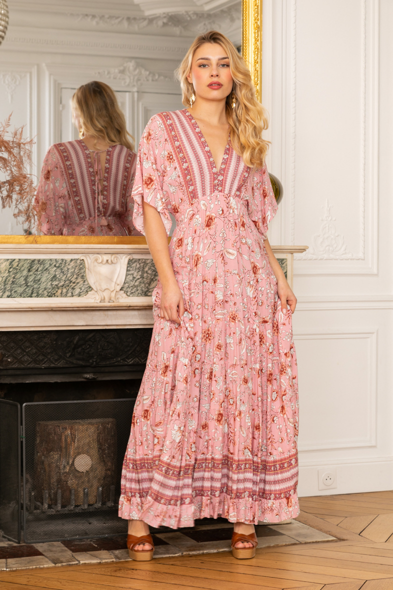 Mayorista Last Queen - Vestido largo con cuello de pico y manga corta con estampado floral