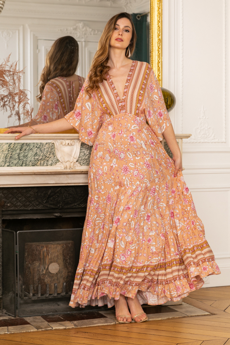 Mayorista Last Queen - Vestido largo con cuello de pico y manga corta con estampado floral