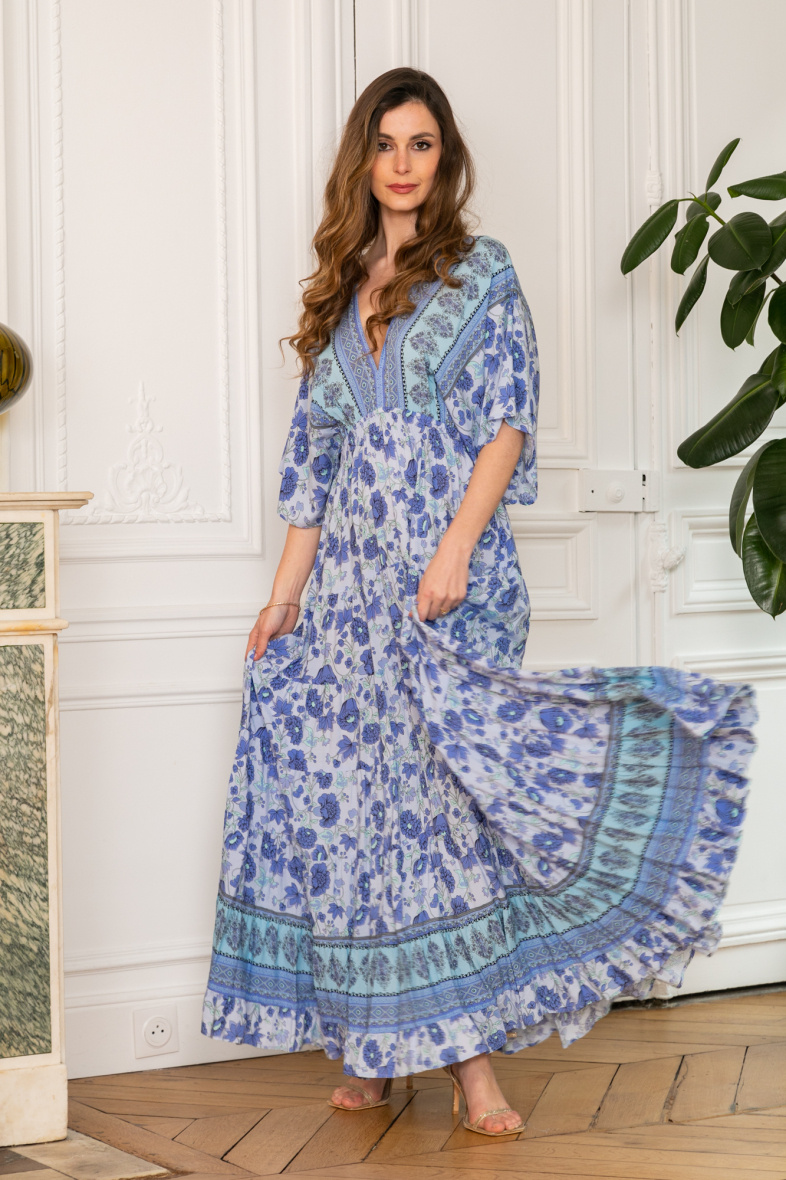 Mayorista Last Queen - Vestido largo con cuello de pico y manga corta con estampado floral