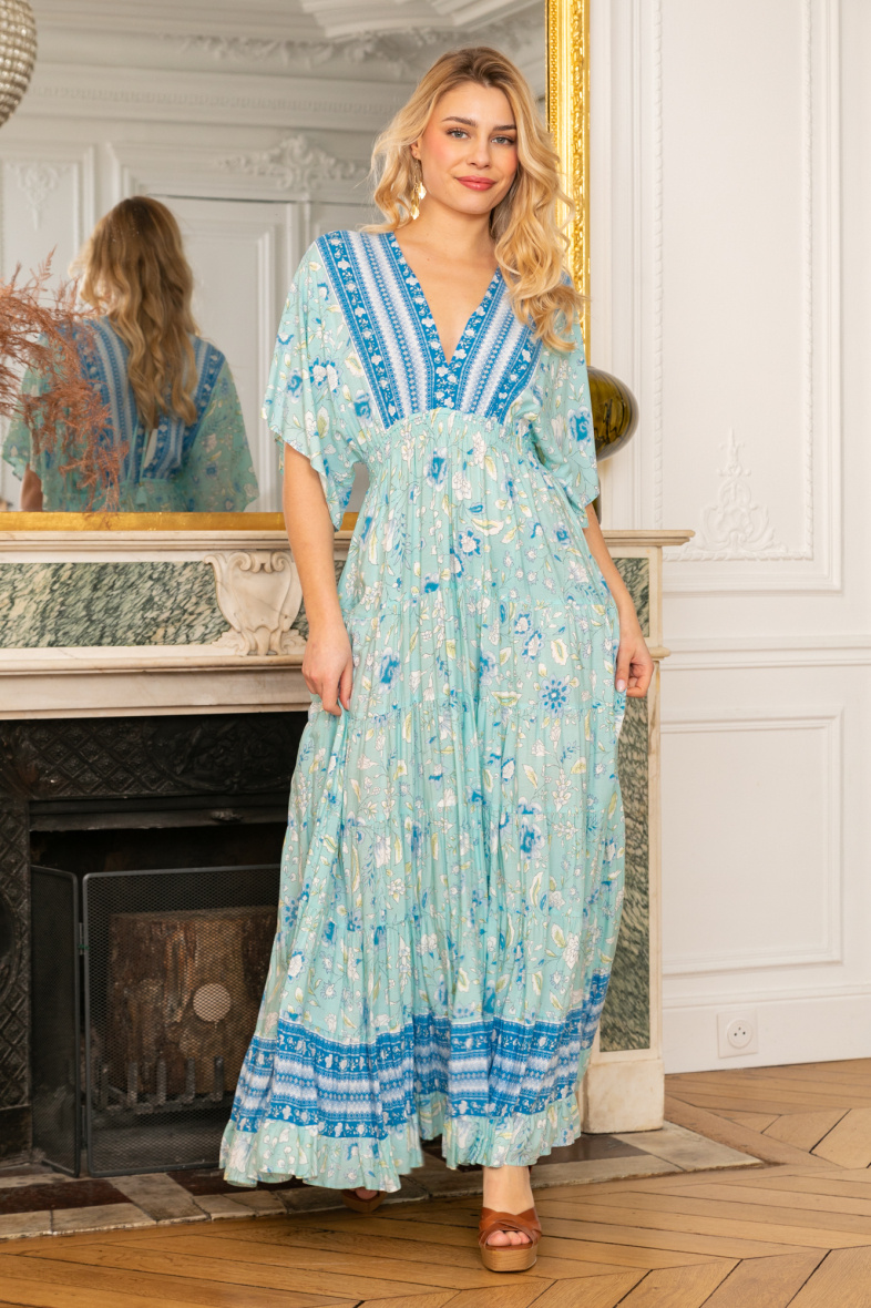 Mayorista Last Queen - Vestido largo con cuello de pico y manga corta con estampado floral
