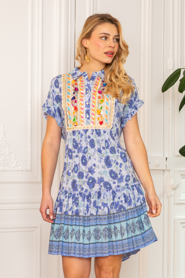 Wholesaler LAST QUEEN OUTLET - Bohemian print midi shirt dress with embroidery