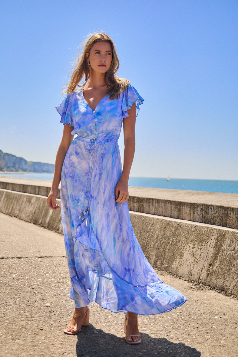 Grossiste Last Queen - Robe imprimée boutons devant , élastique à la taille avec serrage
