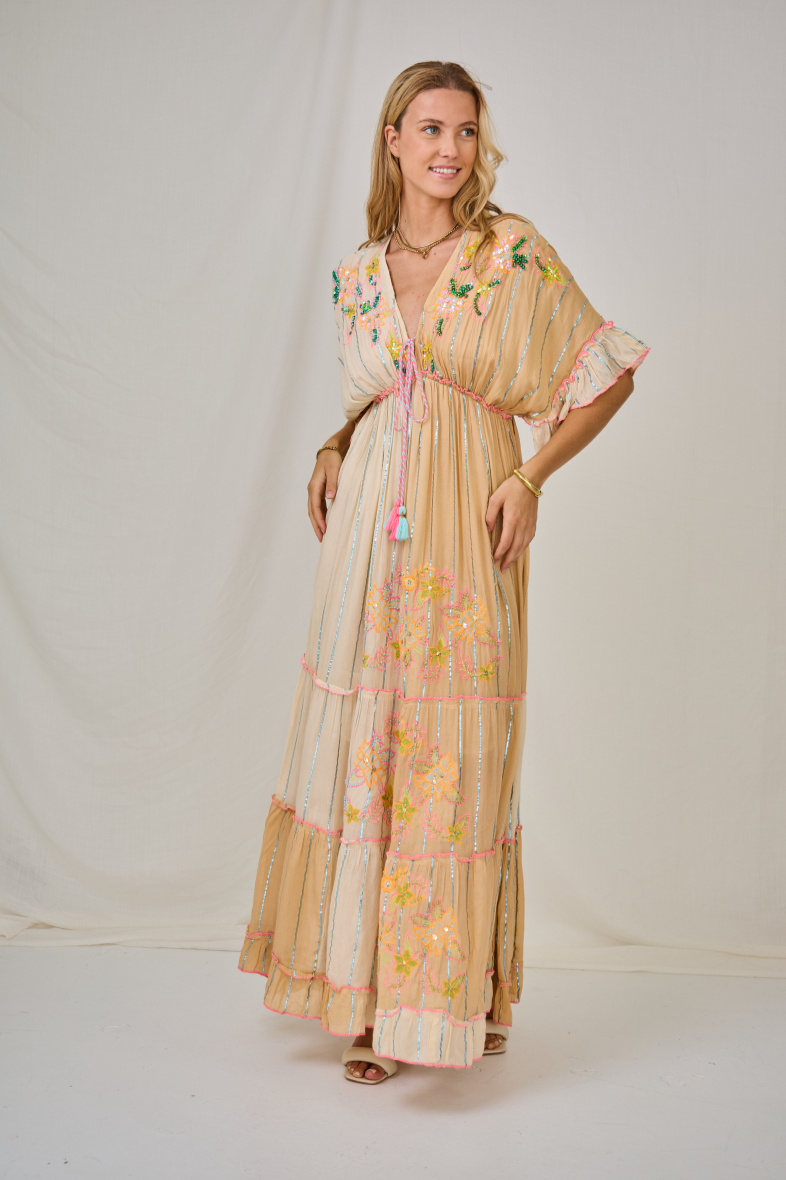 Wholesaler Last Queen - Long dress embroidered with sequins, V-neck with lining