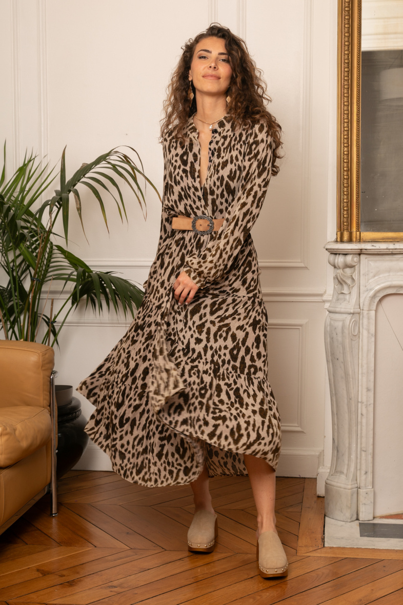 Wholesaler Last Queen - Long leopard print dress, flared cut with gathers