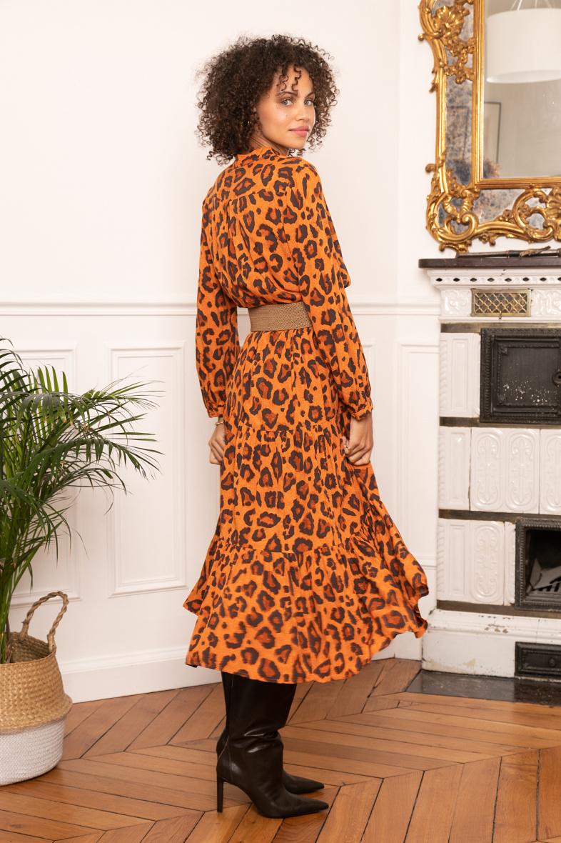 Maxi vestido clásico estampado holgado con frunces - Naranja - 4 - formato grande