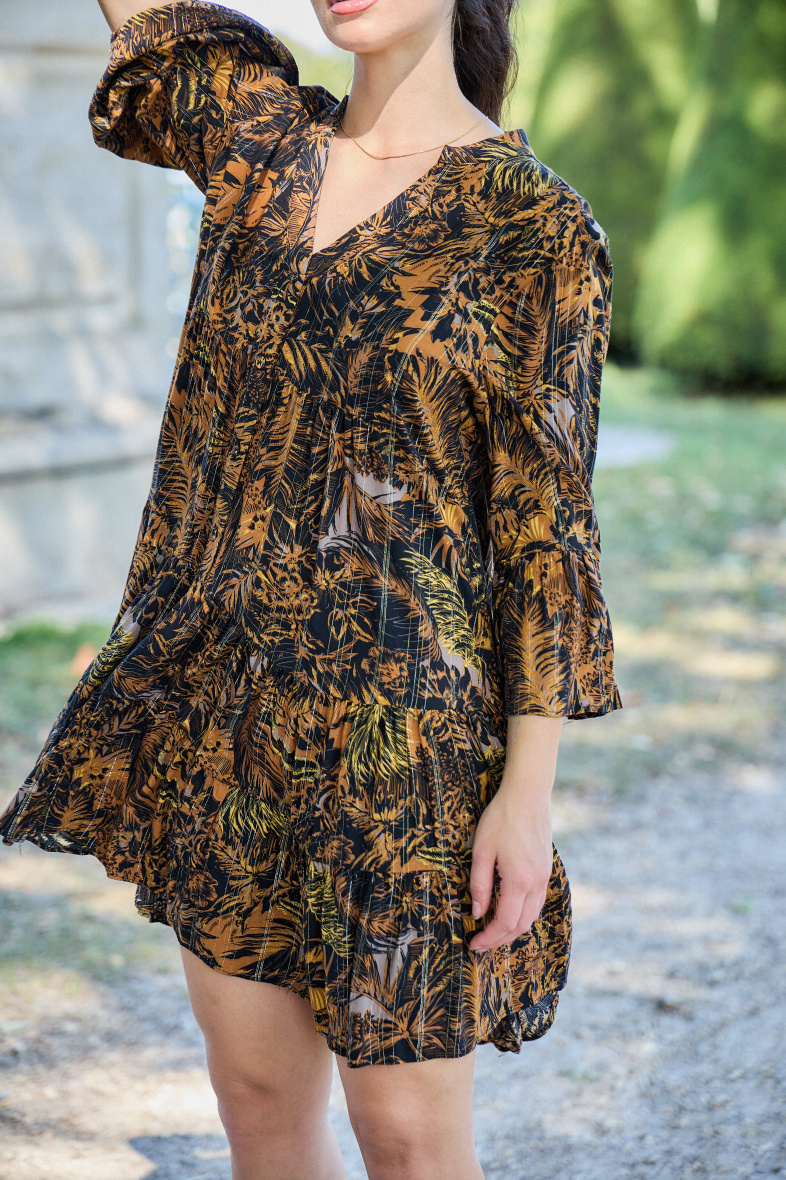 Vestido camisero tipo túnica con escote de pico, estampado bohemio - Castaño - 2 - formato grande