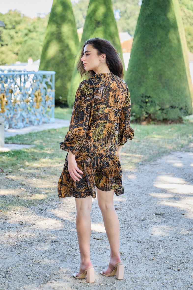 Vestido camisero tipo túnica con escote de pico, estampado bohemio - Castaño - 3 - formato grande