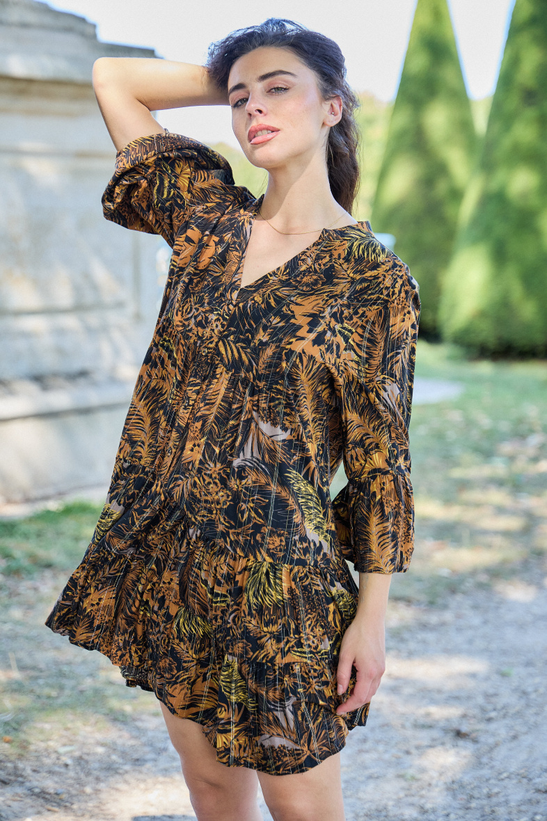 Vestido camisero tipo túnica con escote de pico, estampado bohemio - Castaño - 4 - formato grande