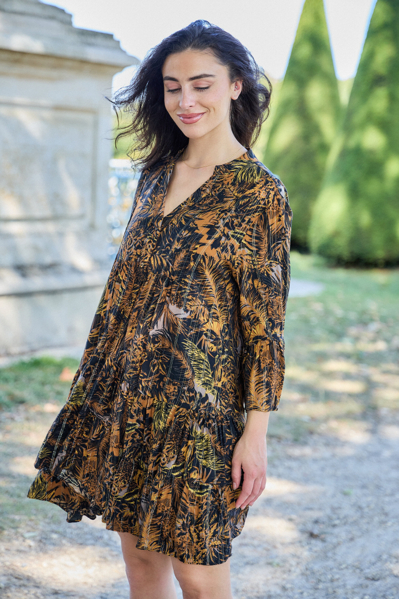 Vestido camisero tipo túnica con escote de pico, estampado bohemio - Castaño - 5 - formato grande